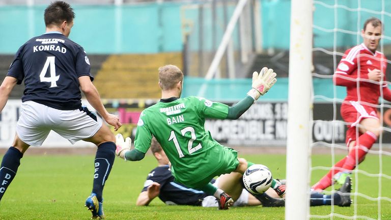 Dundee's Thomas Konrad deflects the ball into his own  net from Niall McGinn's low cross as Aberdeen draw level at Dens Park