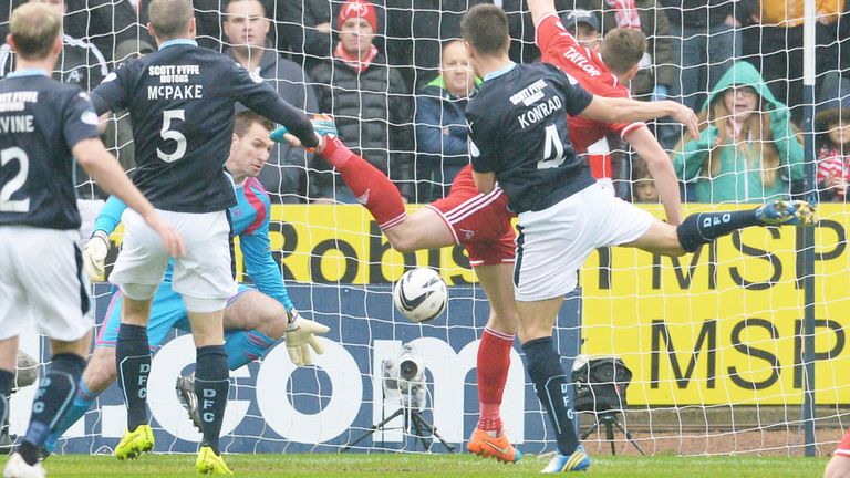 Thomas Konrad heads Dundee in front in their Scottish Cup tie against Aberdeen at Dens Park on Saturday