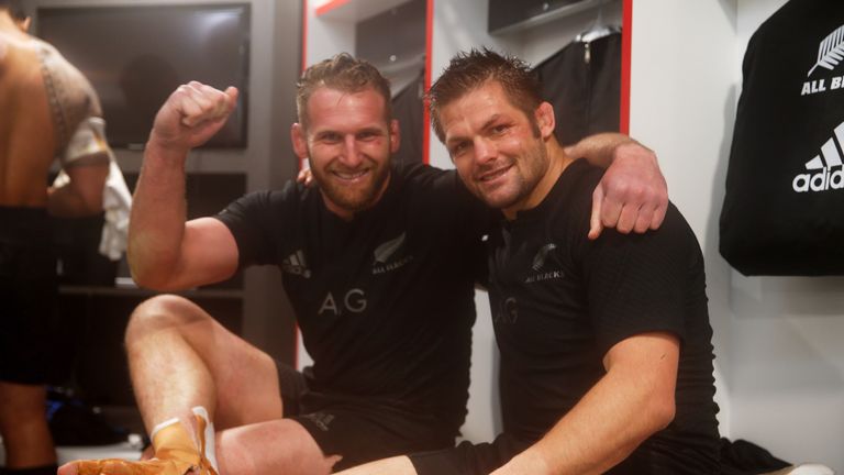 LONDON, ENGLAND - NOVEMBER 08: Kieran Read (L) and Richie McCaw of New Zealand celebrate in the changing room after the QBE International match between Eng