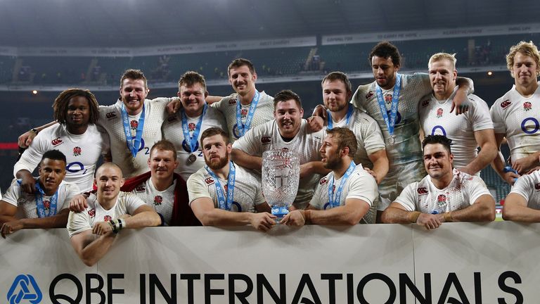 England players pose with the Cook Cup after beating Australia