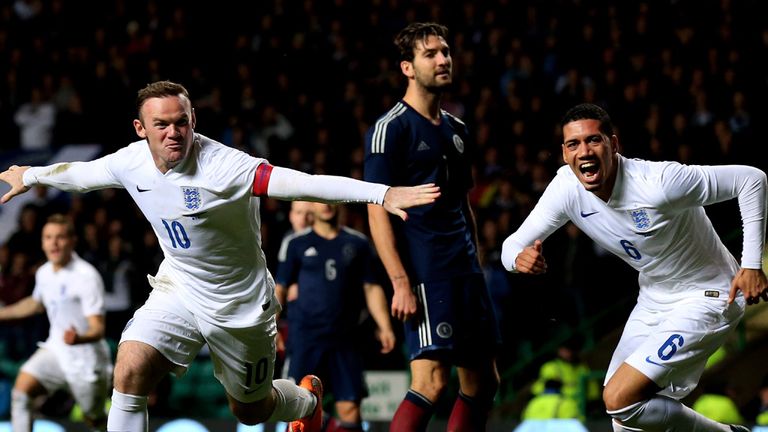 GLASGOW, SCOTLAND - NOVEMBER 18:  Wayne Rooney of England celebrates after scoring his team's second goal during the International Friendly match between S