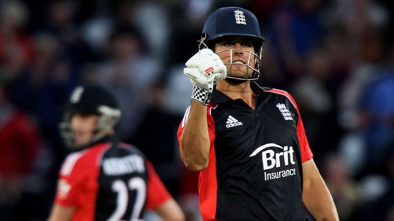 Alastair Cook celebrates England's 10-wicket victory over Sri Lanka at Trent Bridge in 2011