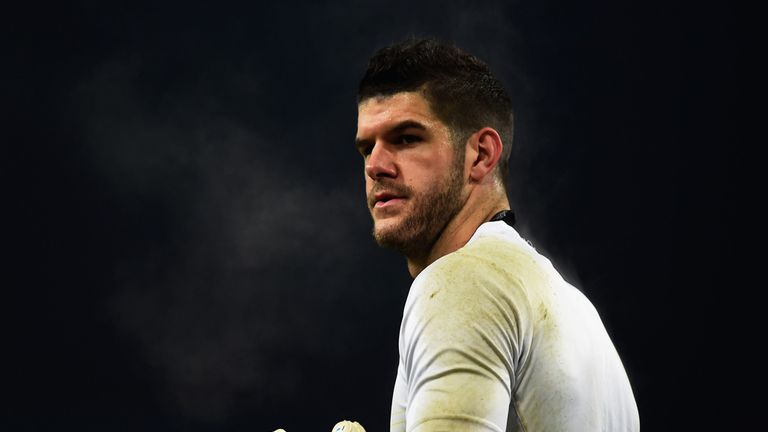 Fraser Forster of Southampton warms up prior to the Barclays Premier League match between Aston Villa and Southampton
