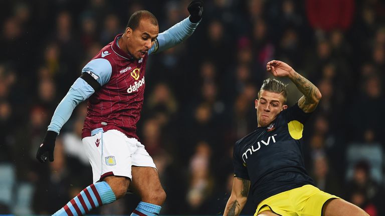 Gabriel Agbonlahor of Aston Villa is blocked by Toby Alderweireld of Southampton