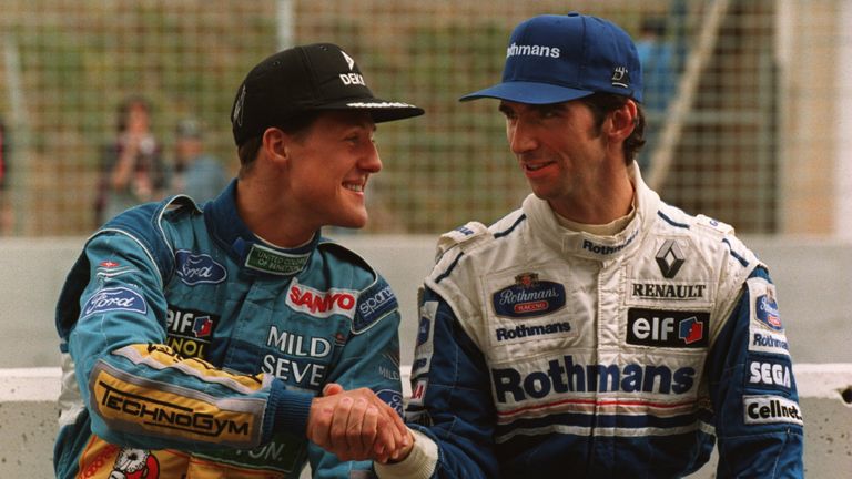 15 OCT 1994: DAMON HILL OF GREAT BRITAIN  & GERMANY's MICHAEL SCHUMACHER,THE TWO CHALLENGERS FOR THE WORLD CHAMPIONSHIP AT THEGRAND PRIX OF EUROPE AT JEREZ