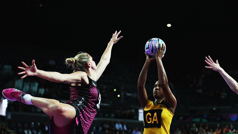 Casey Kopua of New Zealand  defends against Thristina Harwood of Jamaica during the match between New Zealand and Jama