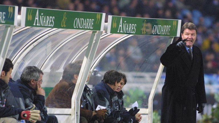 John Toshack the coach of Real Sociedad barks orders from the touchline during a Spanish Primera Liga match 