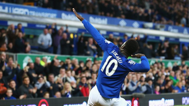 Romelu Lukaku celebrates scoring the opening goal for Everton