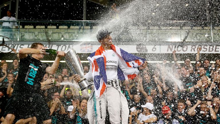 Lewis Hamilton celebrates with his team after winning the World Championship