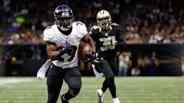 Justin Forsett of the Baltimore Ravens rushes for a touchdown during the fourth quarter of a game against the New Orleans Saints