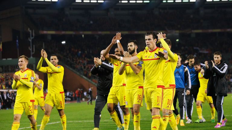 Gareth Bale (#11) of Wales celebrates with team mates after the Group B UEFA European Championship 2016 Qualifier match v Belgium in Brussels