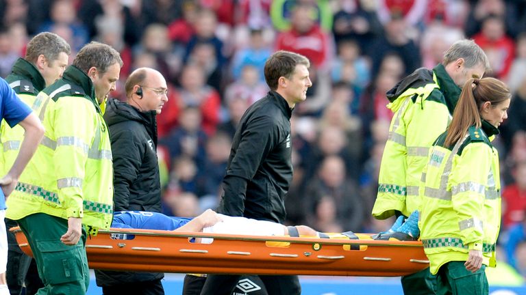 Everton's Gareth Barry is stretchered off after just 12 minutes at Goodison