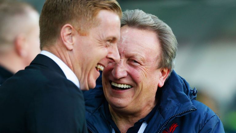 Swansea manager Garry Monk and  Palace boss Neil Warnock share a joke prior to kick-off