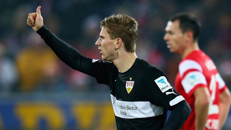 Timo Werner of VfB Stuttgart celebrates as he scores his team's fourth goal