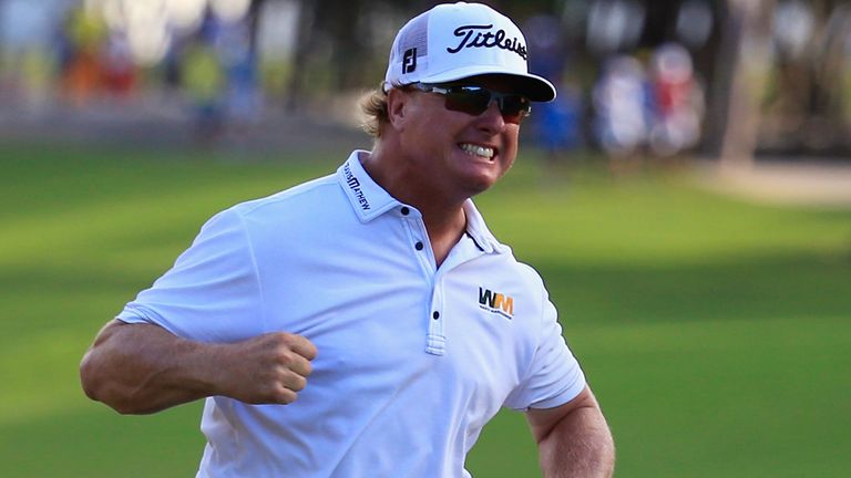 Charley Hoffman of the United States celebrates after putting out on the 18th hole to win the OHL Classic at Mayakoba