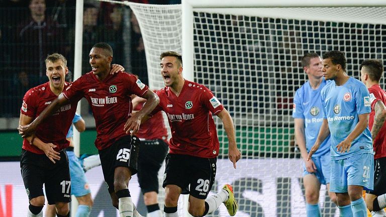 Hannover celebrate their late winning goal