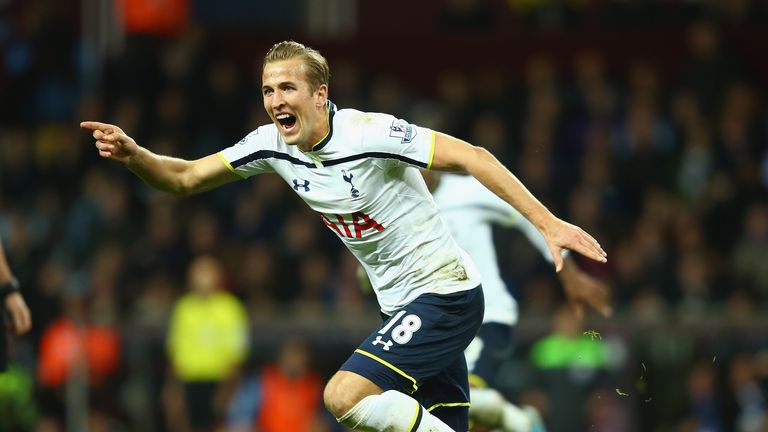 Harry Kane of Spurs celebrates scoring their second goal during the Barclays Premier League match against Aston Villa