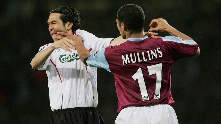 LONDON - APRIL 26:  Hayden Mullins of West Ham United pushes Luis Garcia of Liverpool in teh face and is sent off during the Barclays Premiership match bet