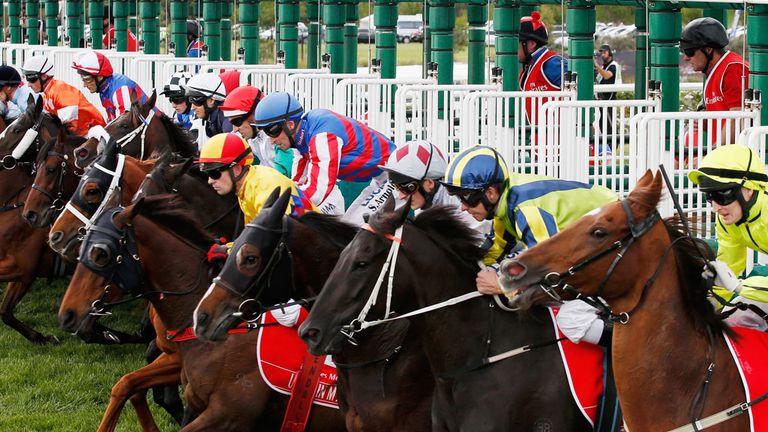 MELBOURNE, AUSTRALIA - NOVEMBER 04: The field jumps from the barriers in the Melbourne Cup.