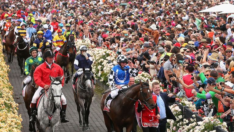 MELBOURNE, AUSTRALIA - NOVEMBER 04:  Ryan Moore and Protectionist return after winning the Emirates Melbourne Cup.