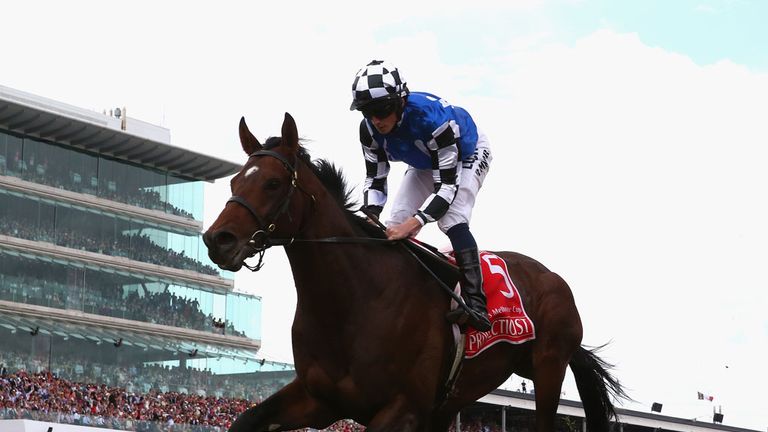 MELBOURNE, AUSTRALIA - NOVEMBER 04:  Ryan Moore rides Protectionist to win the Emirates Melbourne Cup.