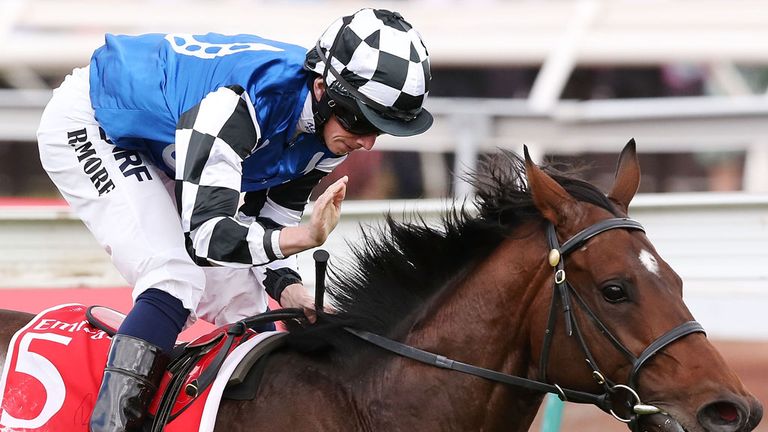 MELBOURNE, AUSTRALIA - NOVEMBER 04:  Ryan Moore riding Protectionist wins the Emirates Melbourne Cup on at Flemington Racecourse.