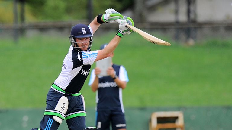England cricketer Ian Bell bats during a practice session after rain cancelled play of the second warm-up match