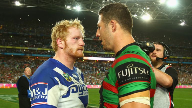 SYDNEY, AUSTRALIA - OCTOBER 05:  James Graham of the Bulldogs and Sam Burgess of the Rabbitohs speak at the end of the 2014 NRL Grand Final match between t