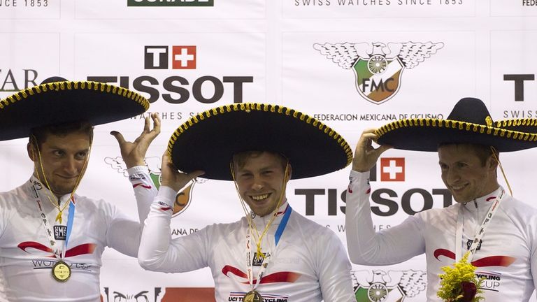 Callum Skinner, Jason Kenny and Philip Hindes pose with their gold medals on the podium  UCI Cycling track World Cup Men's team Sprint final in Guadalajara