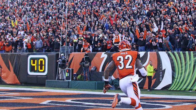 Jeremy Hill of the Cincinnati Bengals scores a touchdown against Jacksonville Jaguars