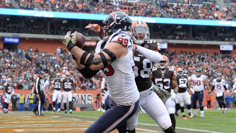 J.J. Watt of the Houston Texans makes a touchdown catch against the Cleveland Browns