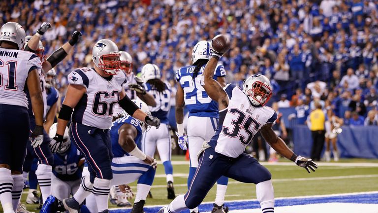 Jonas Gray of the New England Patriots celebrates a touchdown against the Indianapolis Colts