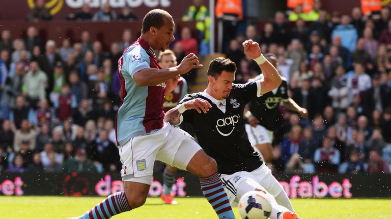 BIRMINGHAM, ENGLAND - APRIL 19:  Jose Fonte (R) of Southampton tackles Gabriel Agbonlahor (L) of Aston Villa during the Barclays Premier League match betwe