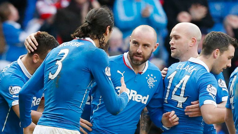 Rangers' Kris Boyd celebrates his goal with team mates during the William Hill Scottish Cup Fourth Round match at Ibrox, Glasgow.