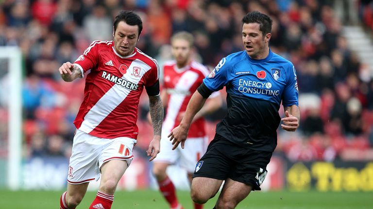 Lee Tomlin (L) of Middlesbrough battles with Yann Kermorgant of Bournemouth