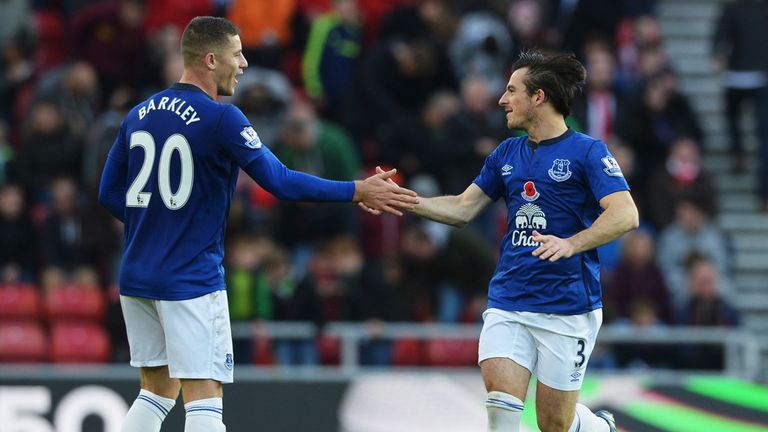 Leighton Baines celebrates with Ross Barkley after scoring a penalty