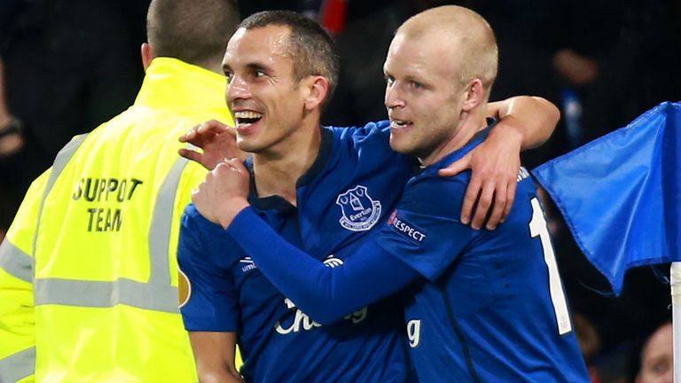 Leon Osman celebrates scoring his side's first goal of the match
