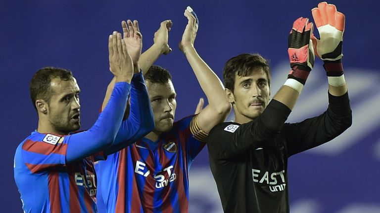 Levante players celebrate victory against Valencia