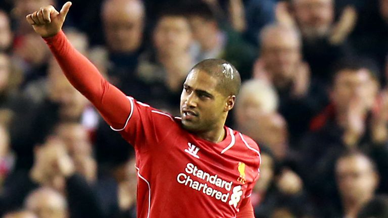 Liverpool's Glen Johnson celebrates scoring his side's first goal of the game during the Barclays Premier League match at Anfield, Liverpool.
