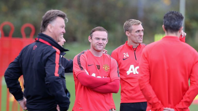 Louis van Gaal, Wayne Rooney, Darren Fletcher at Aon Training Complex on October 24, 2014 in Manchester, England.