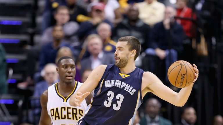 Marc Gasol of the Memphis Grizzlies passes the ball during the game against the Indiana Pacers at Bankers Life Fieldhouse