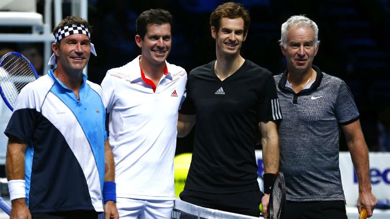 Pat Cash, Tim Henman, Andy Murray and John McEnroe pose ahead of the exhibition match 