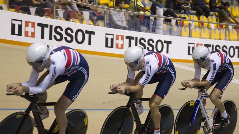 Great Britain's cycling team competes during the UCI Cycling track World Cup Men's team Pursuit final in Guadalajara, Mexico