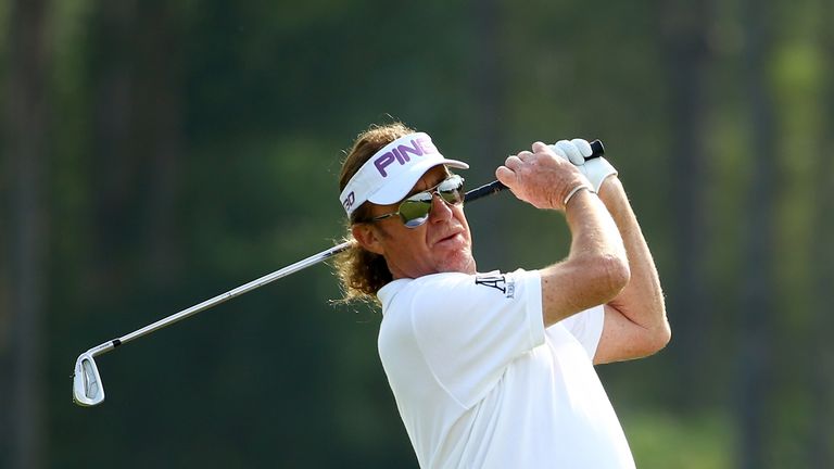 Miguel Angel Jimenez of Spain plays into the 11th green during the first round of the 2014 Turkish Airlines Open