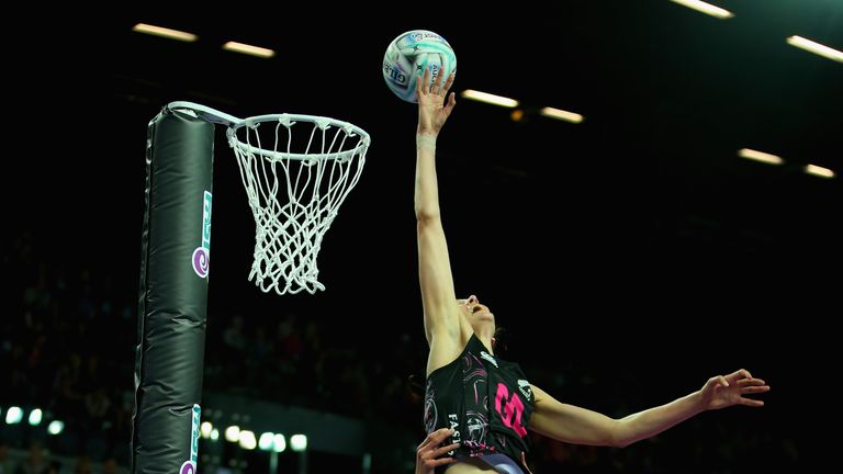  Anna Harrison of New Zealand is lifted by Leana de Bruin in the game between New Zealand and Jamaica during day one o