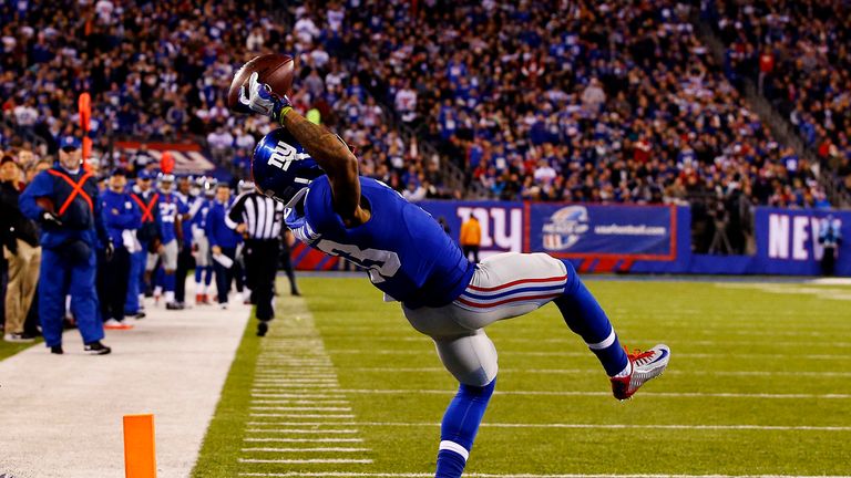 Odell Beckham Jr of the New York Giants scores a touchdown in the second quarter against the Dallas Cowboys at MetLife Stadium