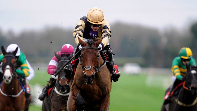 RATOATH, IRELAND - NOVEMBER 30:  Paul Townend riding Nichols Canyon clears the last to win The Bar One Racing Royal Bond Novices Hurdle at Fairyhouse.