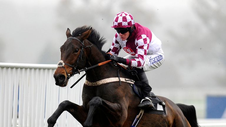 Nick Scholfield riding Jolly's Cracked It clears the last to win the Felix Rosenstiel's Widow & Son Introductory Hurdle at Ascot