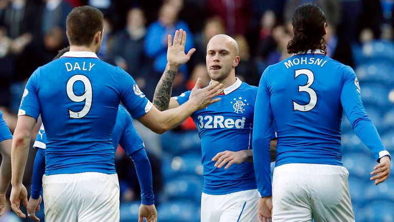 Rangers' Nicky Law celebrates his goal with team mates Jon Daly and Bilel Mohsni during the William Hill Scottish Cup Fourth Round match at Ibrox, Glasgow.