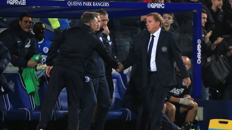 Queens Park Rangers manager Harry Redknapp and Leicester City manager Nigel Pearson (left) shake hands after the Barclays Premier League match